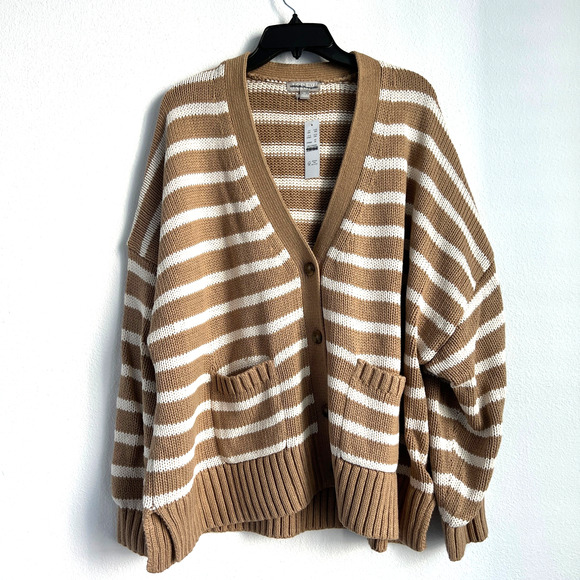 J. Crew Sweaters - J Crew Heritage Cotton Relaxed Cardigan In Stripe Womens 3X Tan Brown